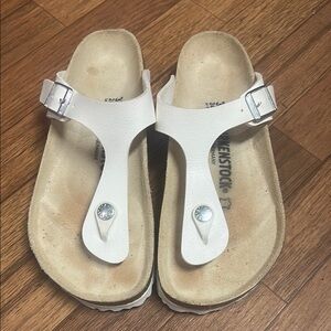 Birkenstock White Thong Sandals with Silver Accents